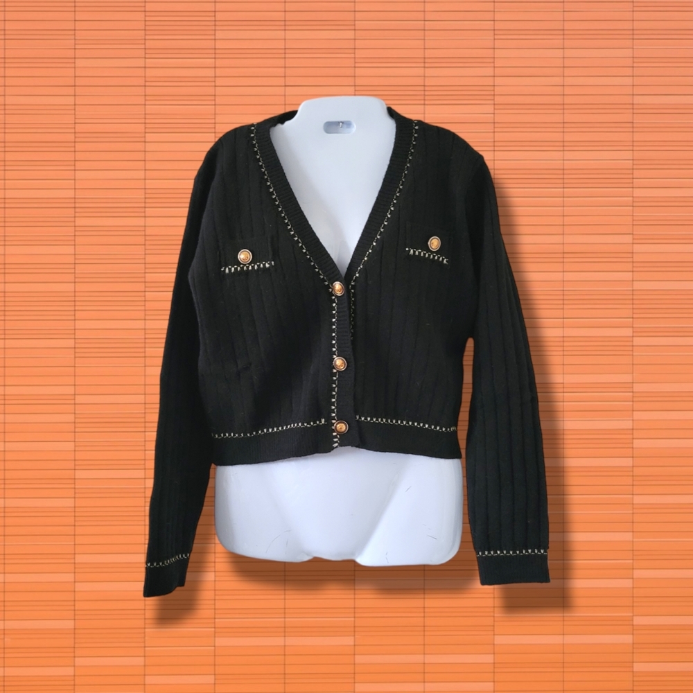 SkyLar Rose | NWT Classy Black/Gold Long Sleeve Ribbed Knit Cardigan